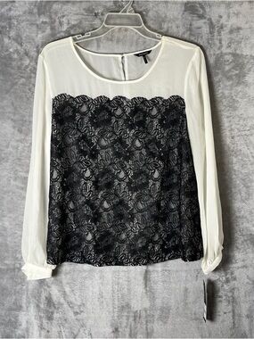 White Long-Sleeve Blouse with Black Lace Front